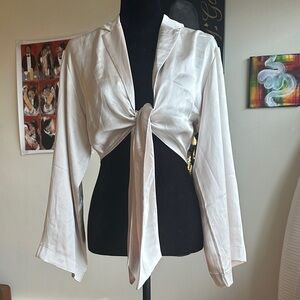 Cream Tie-Front Silk Blouse from Dynamite